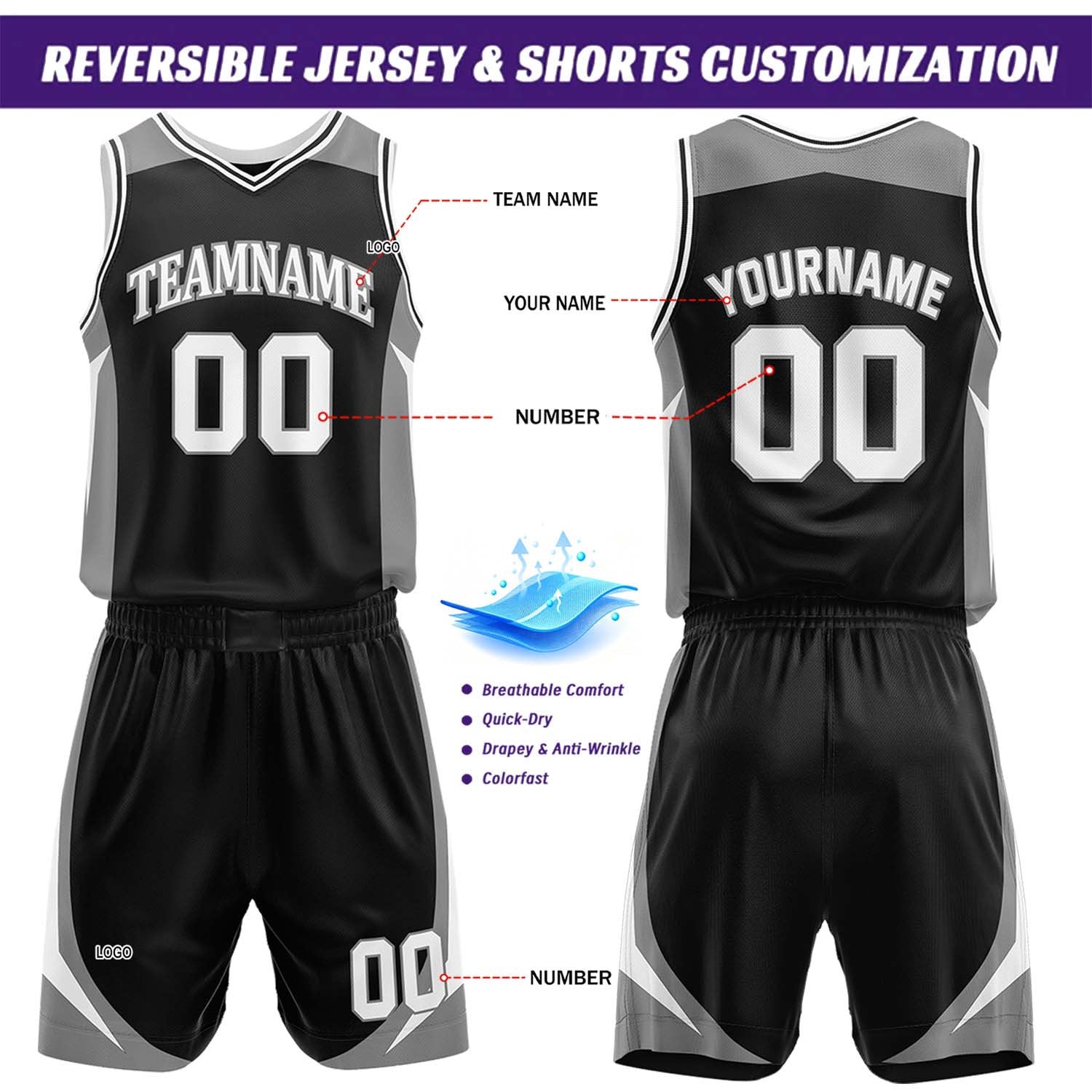 Custom Gray & Black Reversible Basketball Jersey Short Set | Personalized Team Uniforms Set for Adult Youth