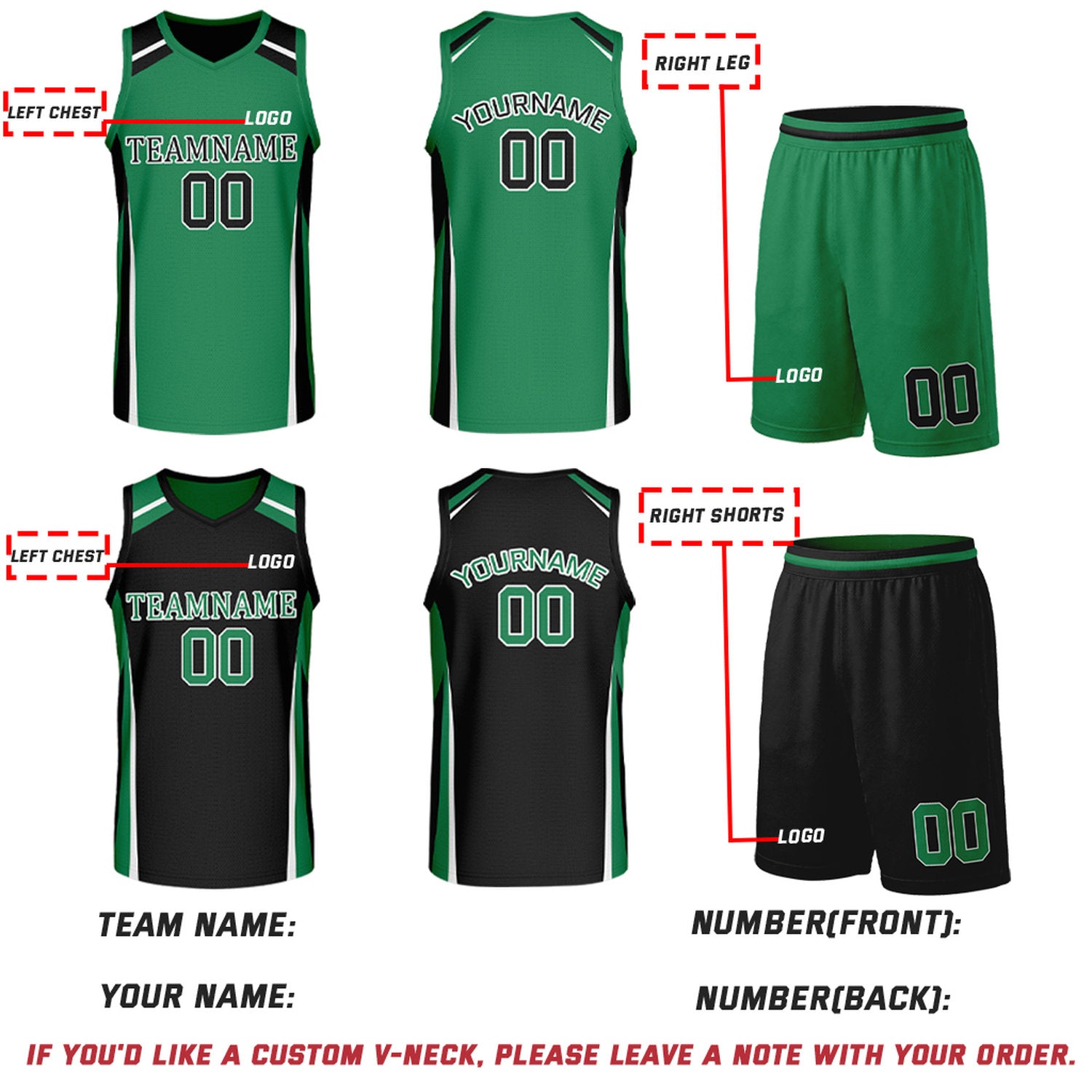 Custom Green & Black Reversible Basketball Jerseys | Personalized Team Uniforms Set for Men Women