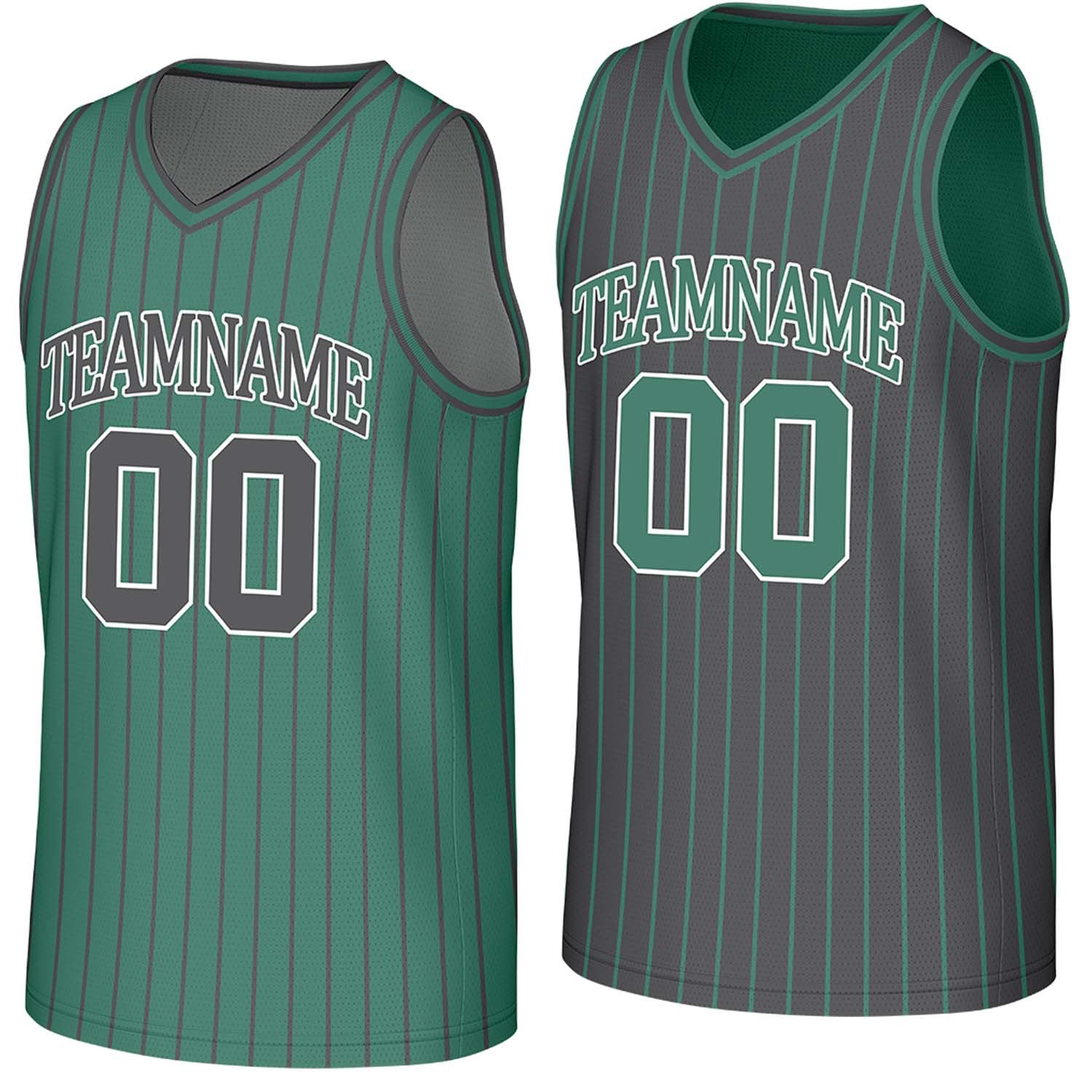 Custom green & dark grey pinstripe reversible basketball jersey by Vosoli | Personalized team name, number & logo | Breathable mesh reversible sport jersey