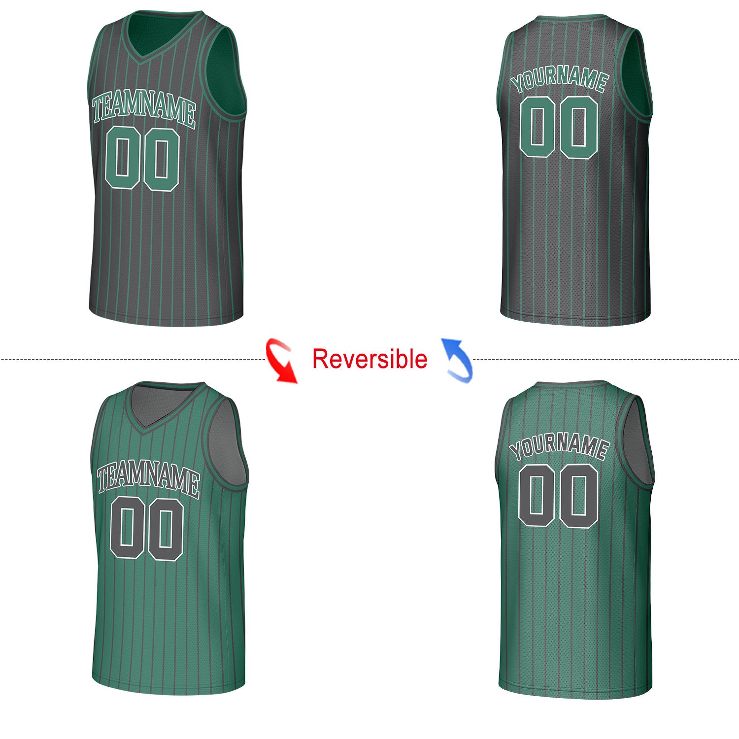 Custom Green & Dark Grey Pinstripe Reversible Basketball Jersey | Personalized Name Number Mesh Sports Jersey