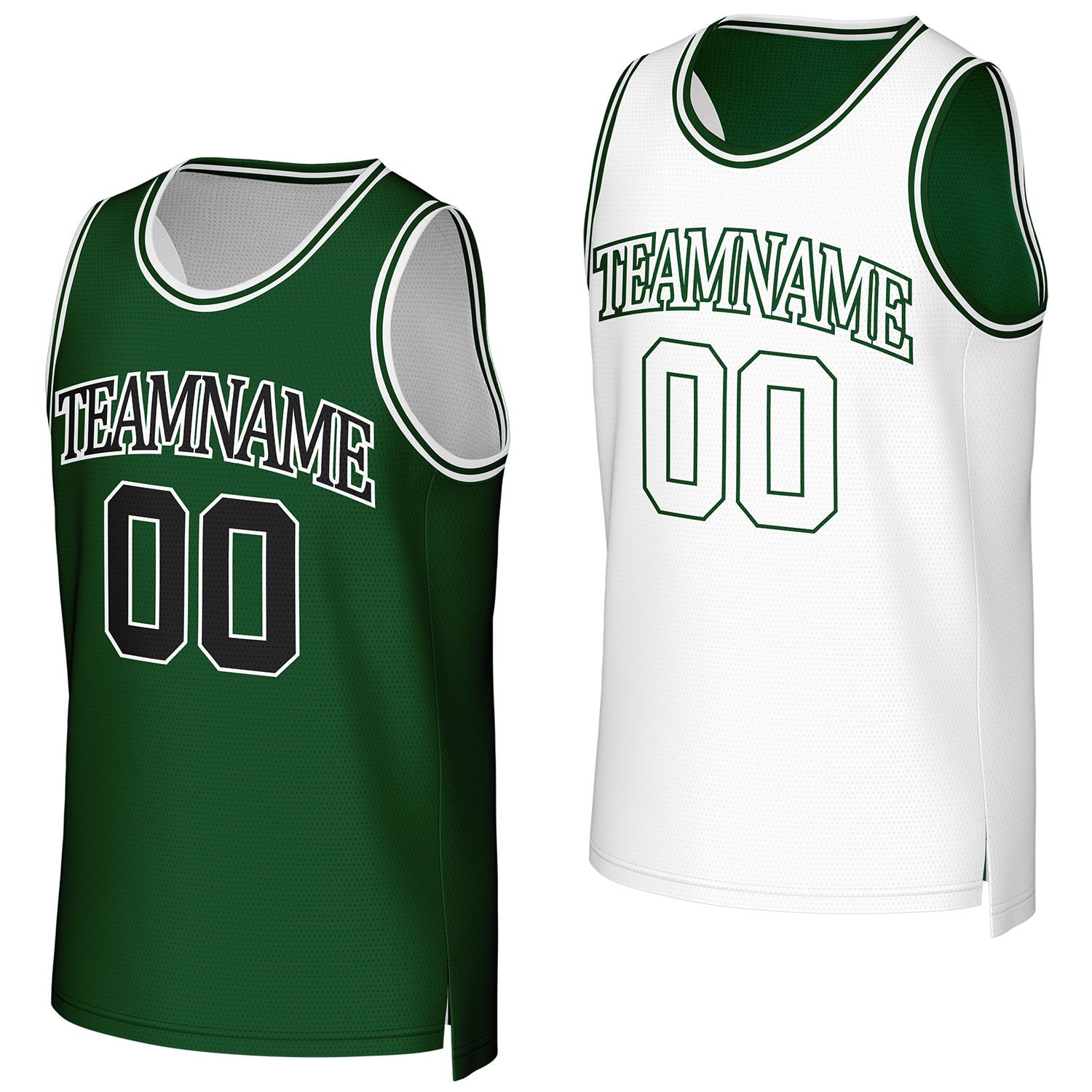 Custom green & white reversible basketball jersey by Vosoli. Personalized with team name, number, and logo. Breathable mesh jersey for high school, college, AAU teams.