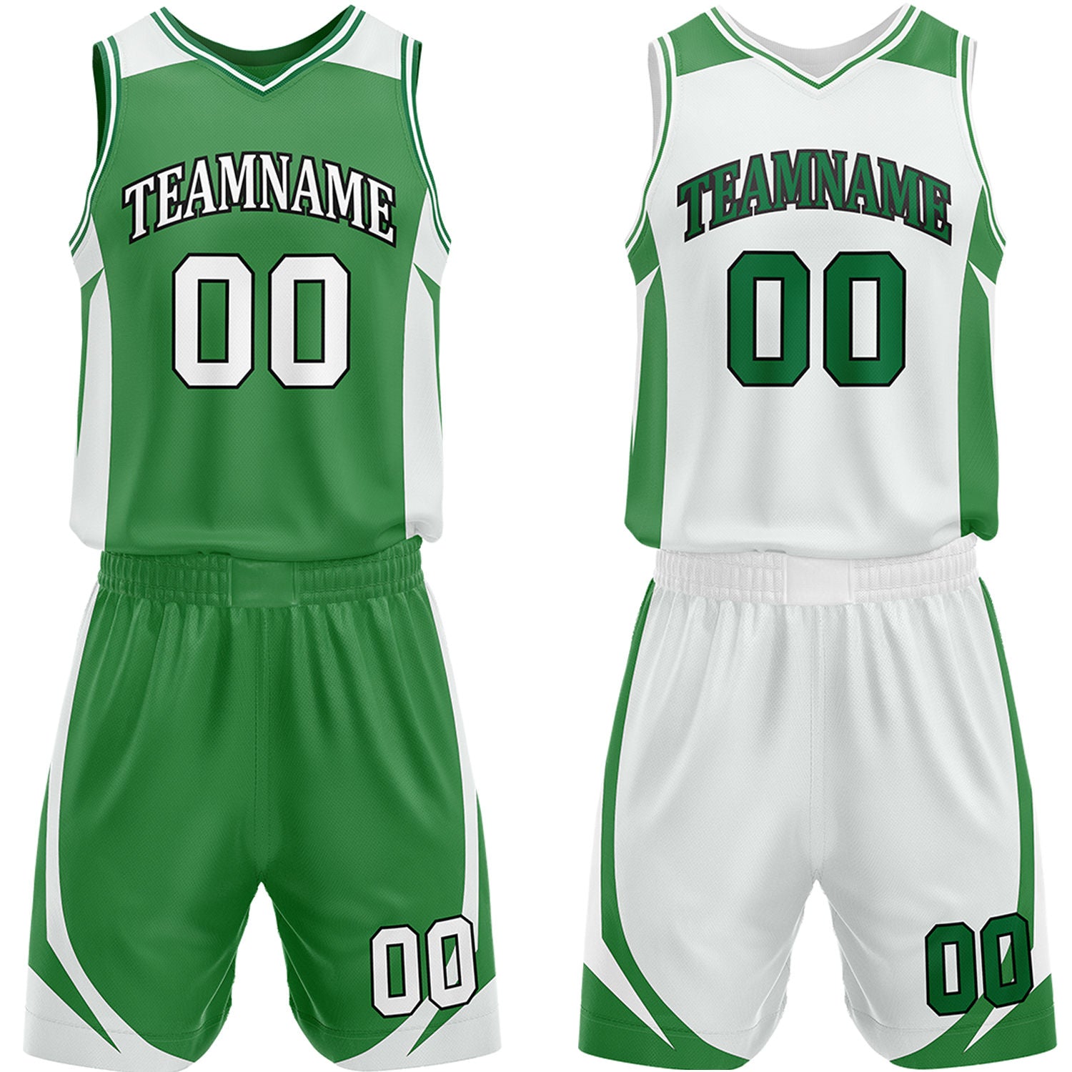 Custom green and white reversible basketball uniform by Vosoli. Personalized with team name, number, and logo. Breathable mesh jersey and shorts for high school, college, and AAU teams.