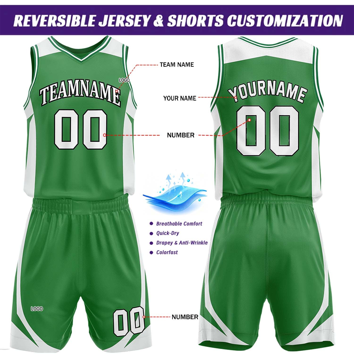 Custom Green & White Reversible Basketball Jersey Short Set | Personalized Team Uniforms Set for Adult Youth