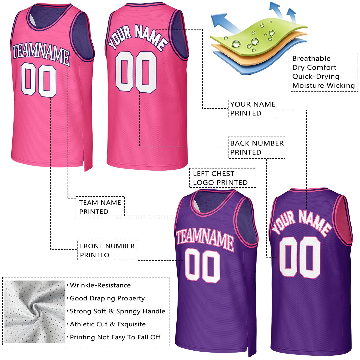 Custom Hot Pink & Purple Reversible Basketball Jersey | Personalized Team Uniform Top