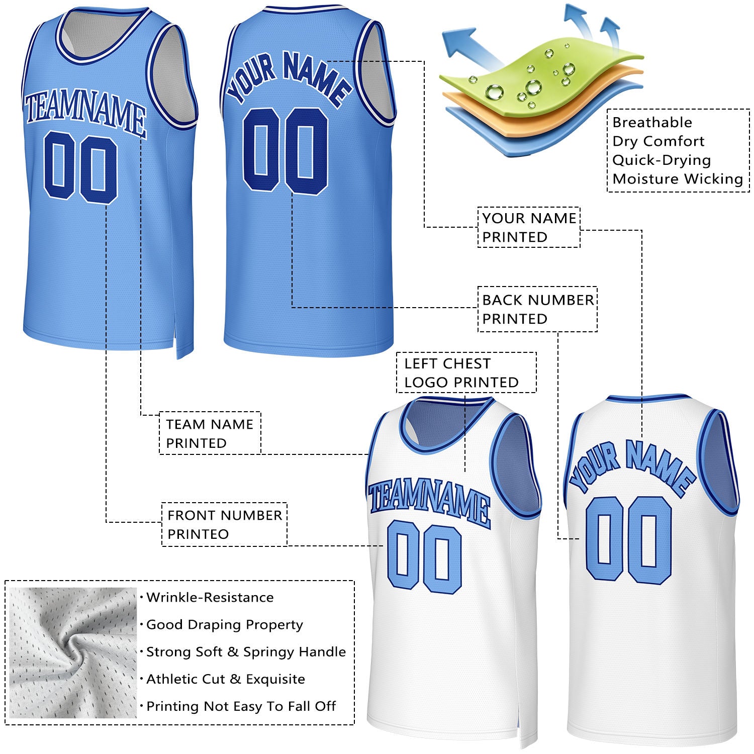 Custom Light Blue & White Reversible Basketball Jersey | Personalized Team Uniform Top