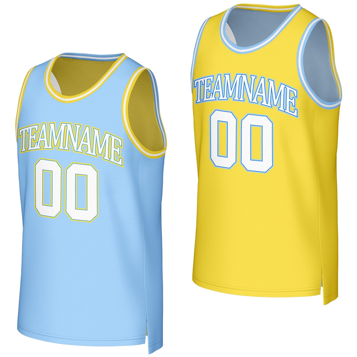 Custom light blue & yellow reversible basketball jersey by Vosoli. Personalized with team name, number, and logo. Breathable mesh jersey for high school, college, AAU teams.