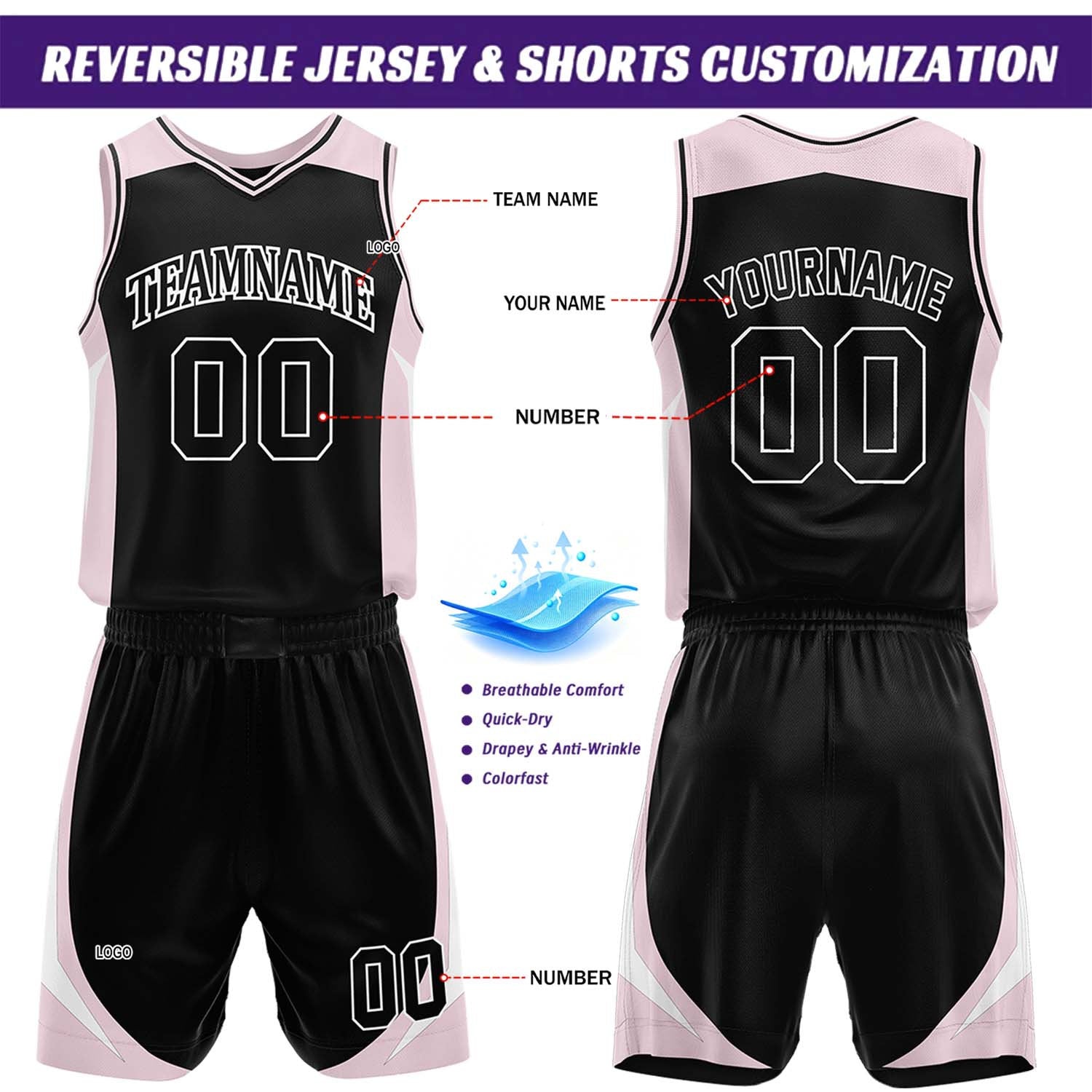 Custom Light Pink & Black Reversible Basketball Jersey Short Set | Personalized Team Uniforms Set for Adult Youth