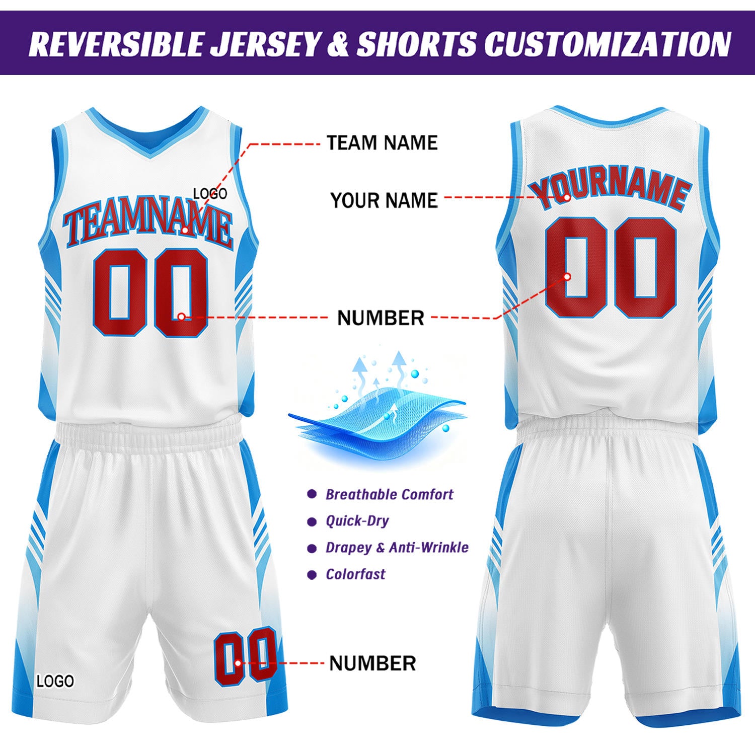 Custom Light Blue & White Reversible Basketball Uniform Set | Personalized Team Jersey Kit
