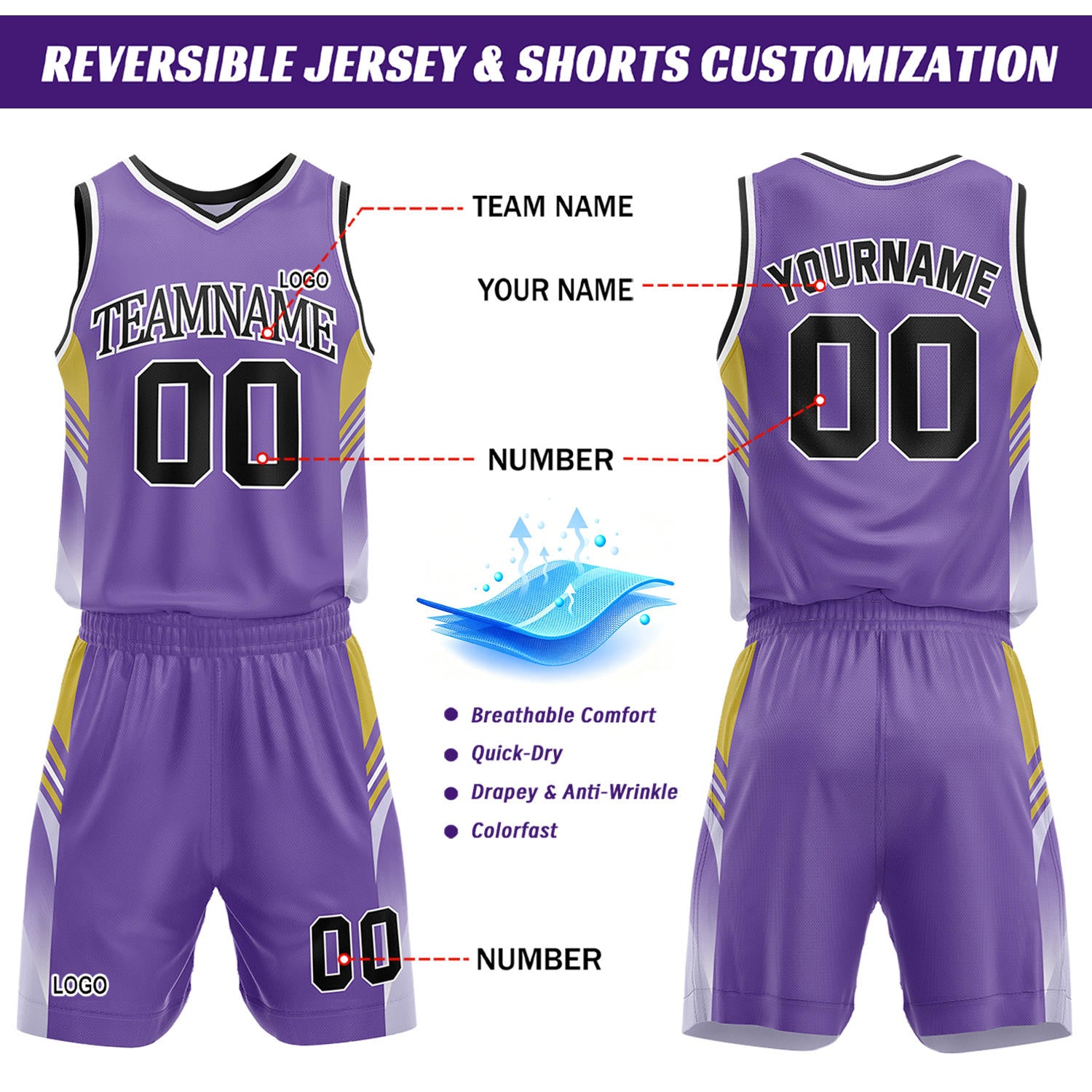 Custom Light Purple & Purple Reversible Basketball Uniform Set | Personalized Team Jersey Kit