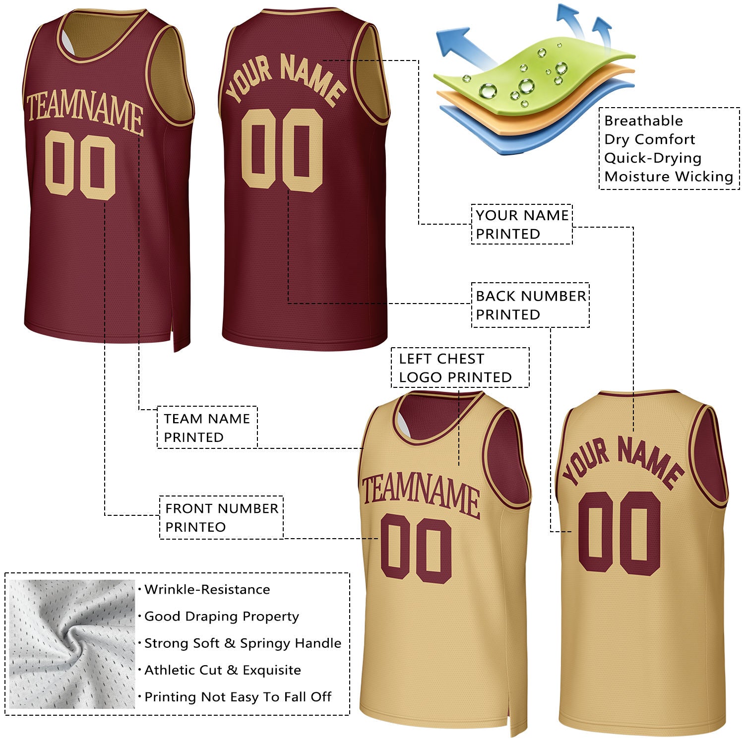 Custom Maroon & Gold Reversible Basketball Jersey | Personalized Team Uniform Top