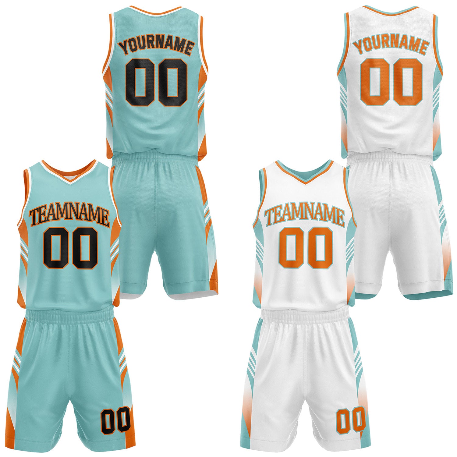 Custom mint and white reversible basketball uniform by Vosoli. Personalized with team name, number, and logo. Breathable mesh jersey and shorts for high school, college, AAU teams.