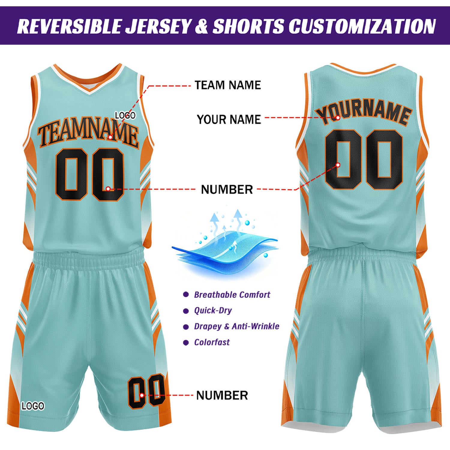 Custom Mint & White Reversible Basketball Uniform Set | Personalized Team Jersey Kit