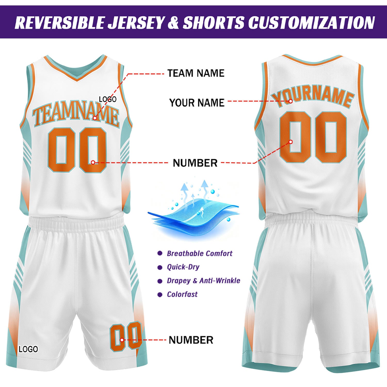 Custom Mint & White Reversible Basketball Uniform Set | Personalized Team Jersey Kit