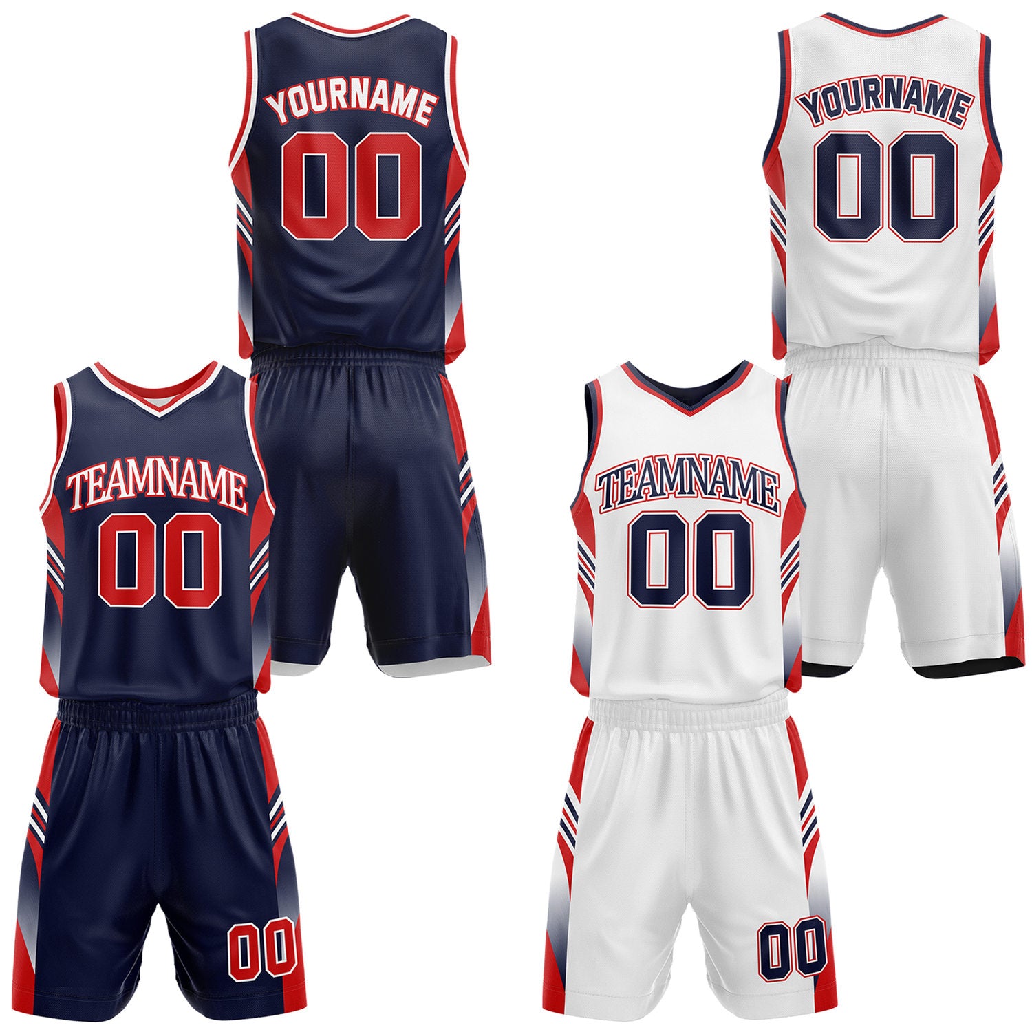 Custom navy and white reversible basketball uniform by Vosoli. Personalized with team name, number, and logo. Breathable mesh jersey and shorts for high school, college, AAU teams.