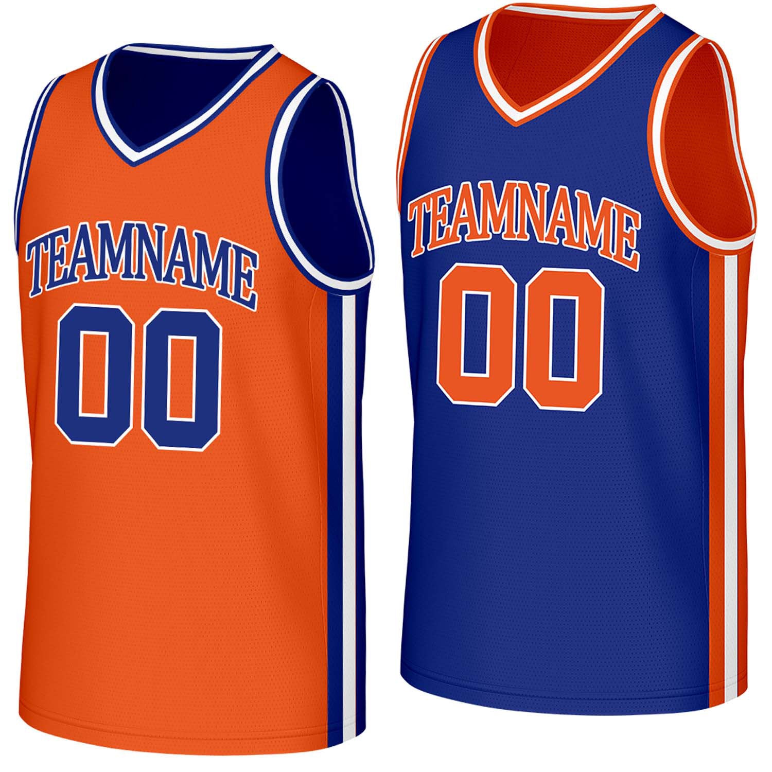 Custom orange & royal blue reversible basketball jersey by Vosoli | Personalized team name, number & logo | Breathable mesh reversible sport jersey