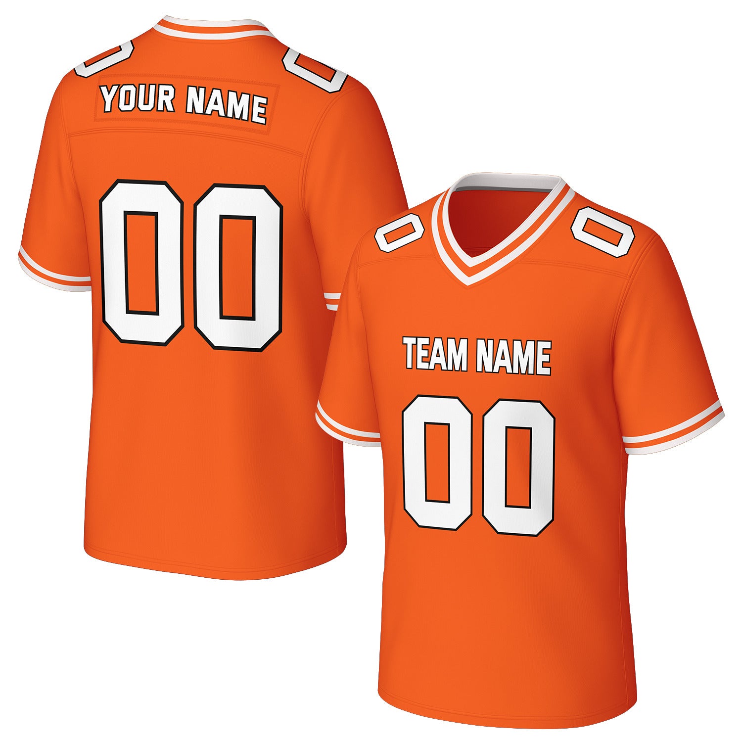 Custom orange & white football jersey by Vosoli. Personalized with team name, number, and logo. Breathable mesh jersey for high school, college, football teams.
