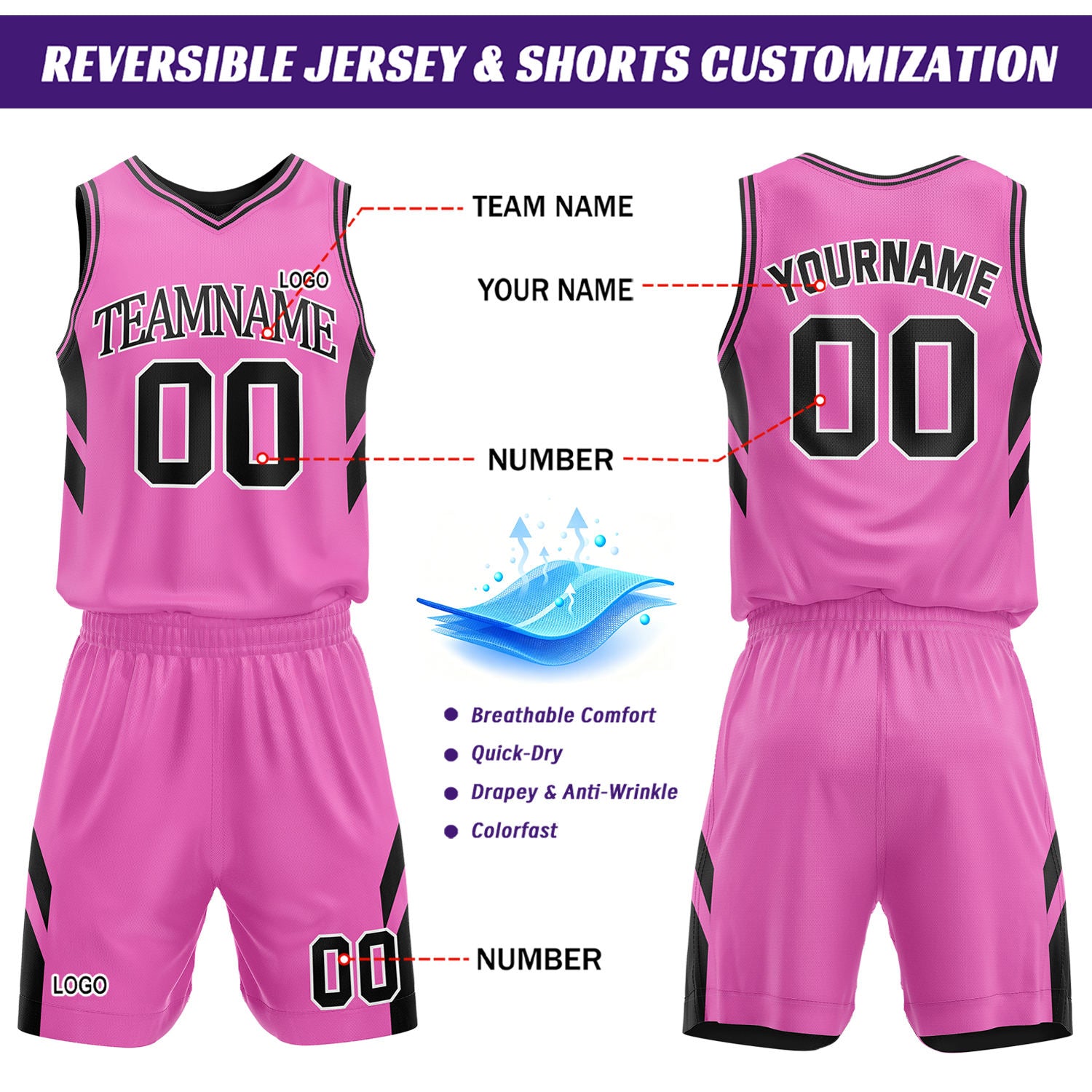 Custom Pink & Black Reversible Basketball Uniform Set, Personalized Printed Name Number Jersey & Shorts for Adult & Youth