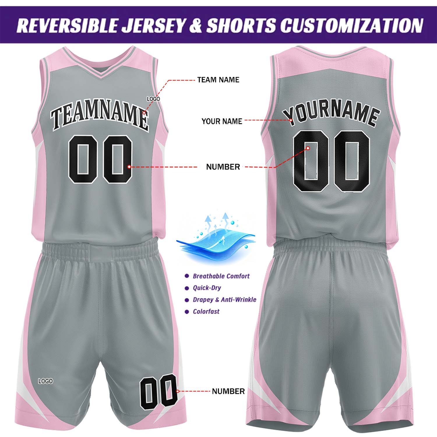Custom Pink & Gray Reversible Basketball Jersey Short Set | Personalized Team Uniforms Set for Adult Youth