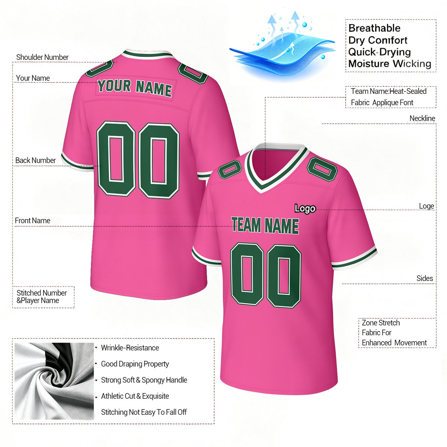 Custom Pink & Green Football Jersey | Personalized Football Team Uniform Top