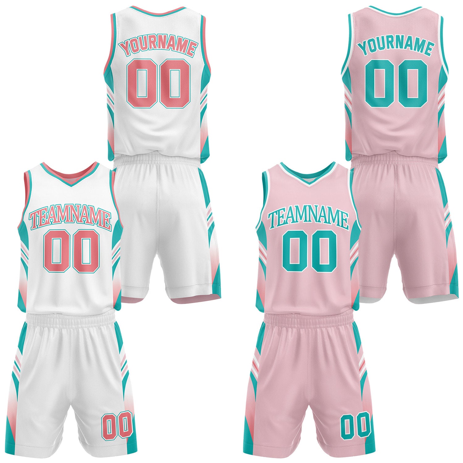Custom pink and white reversible basketball uniform by Vosoli. Personalized with team name, number, and logo. Breathable mesh jersey and shorts for high school, college, AAU teams.