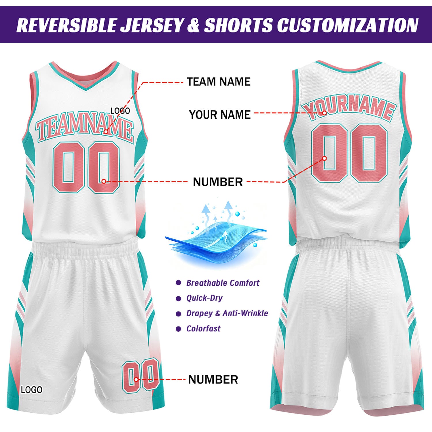 Custom Pink & White Reversible Basketball Uniform Set | Personalized Team Jersey Kit
