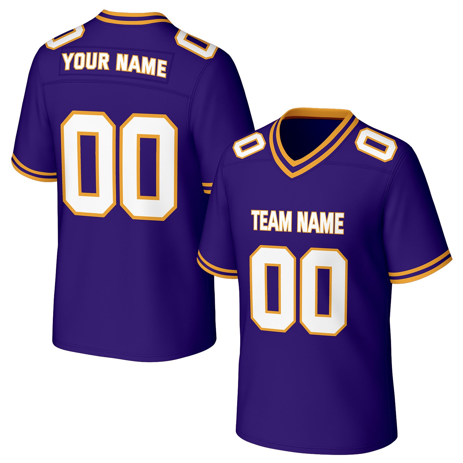 Custom purple & gold football jersey by Vosoli. Personalized with team name, number, and logo. Breathable mesh jersey for high school, college, football teams.