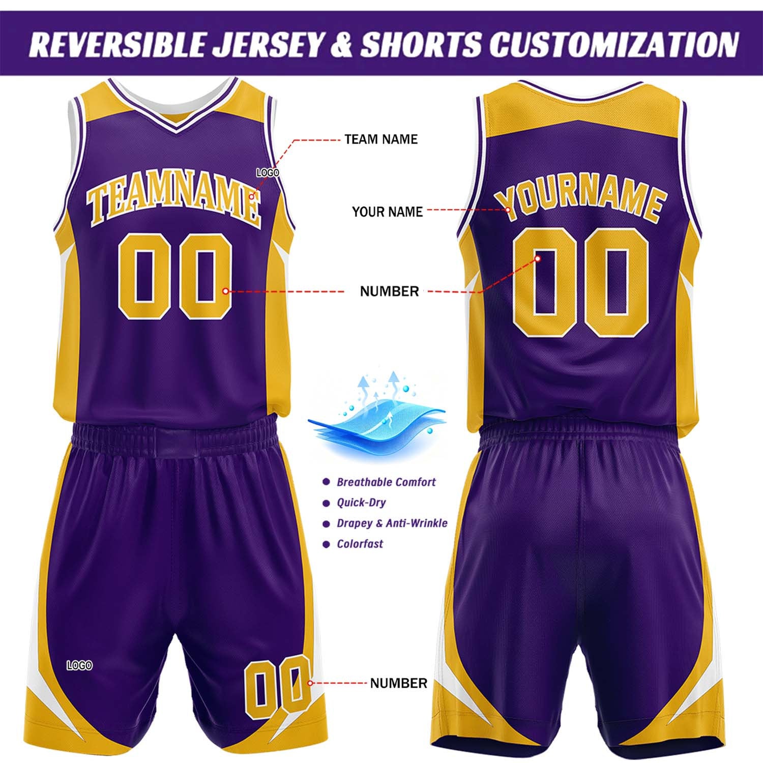Custom Purple & Gold Reversible Basketball Jersey Short Set | Personalized Team Uniforms Set for Adult Youth