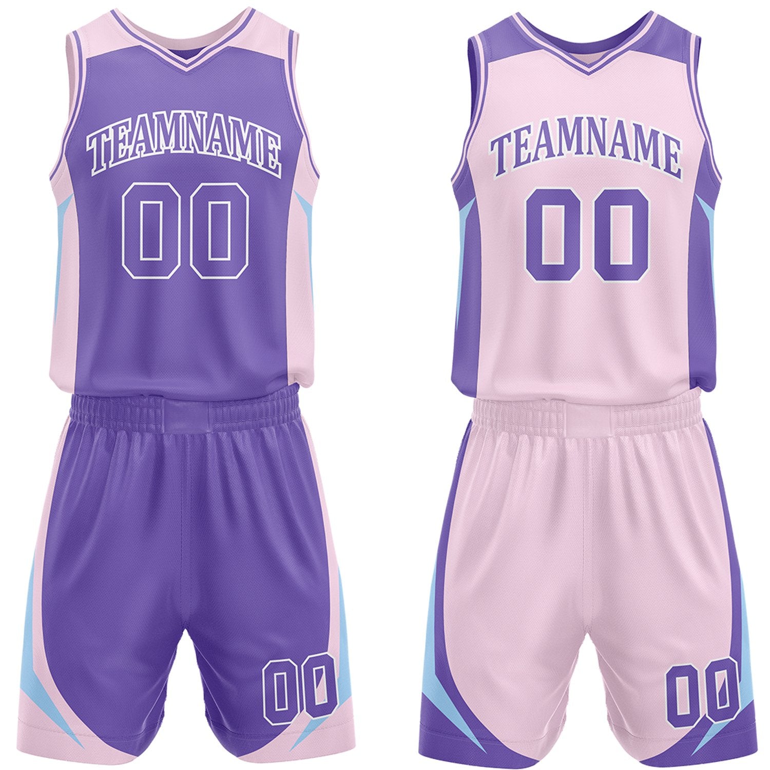 Custom purple and light pink reversible basketball uniform by Vosoli. Personalized with team name, number, and logo. Breathable mesh jersey and shorts for high school, college, and AAU teams.