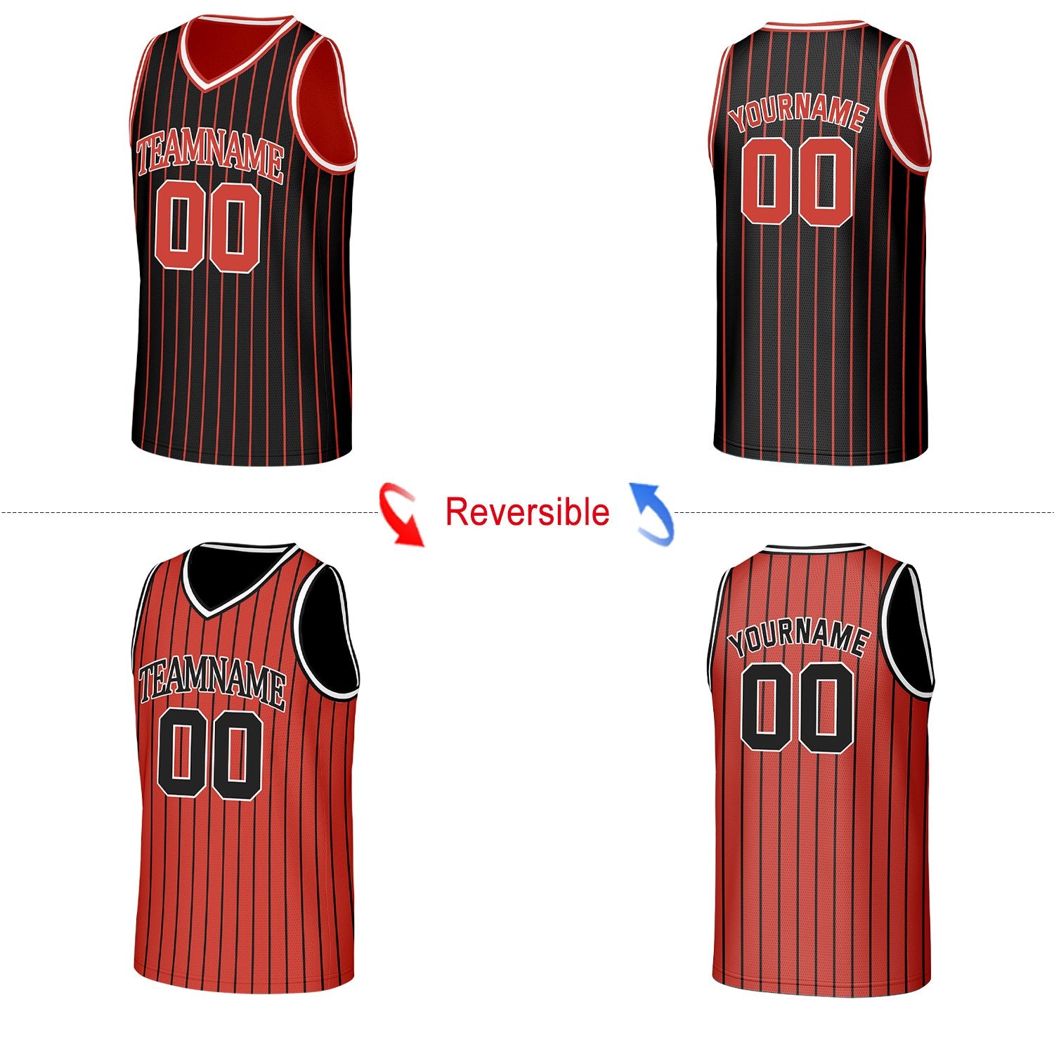 Custom Red & Black Pinstripe Reversible Basketball Jersey | Personalized Name Number Mesh Sports Jersey