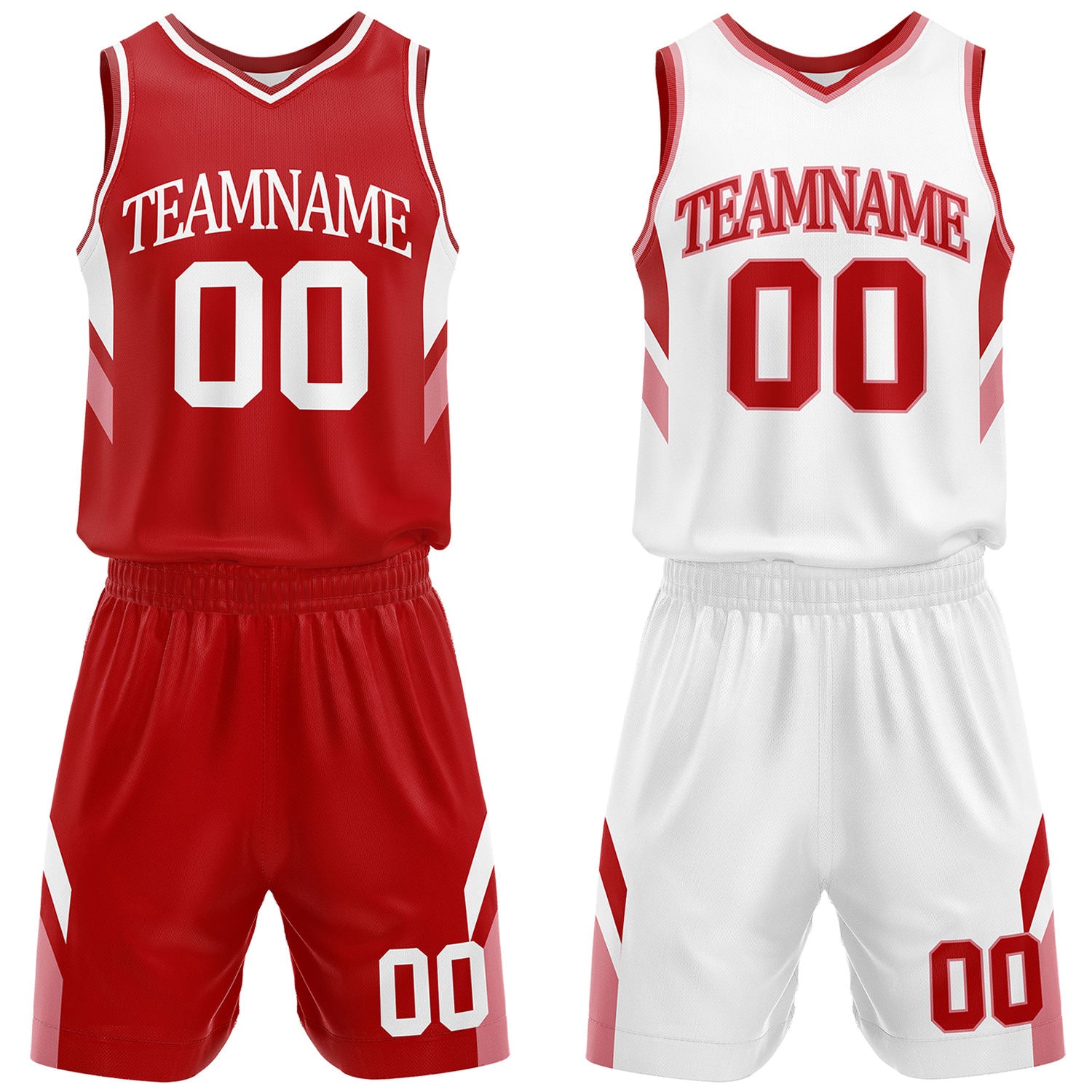 Custom red and white reversible basketball uniform by Vosoli. Personalized with team name, number, and logo. Breathable mesh jersey and shorts for high school, college, and AAU teams.