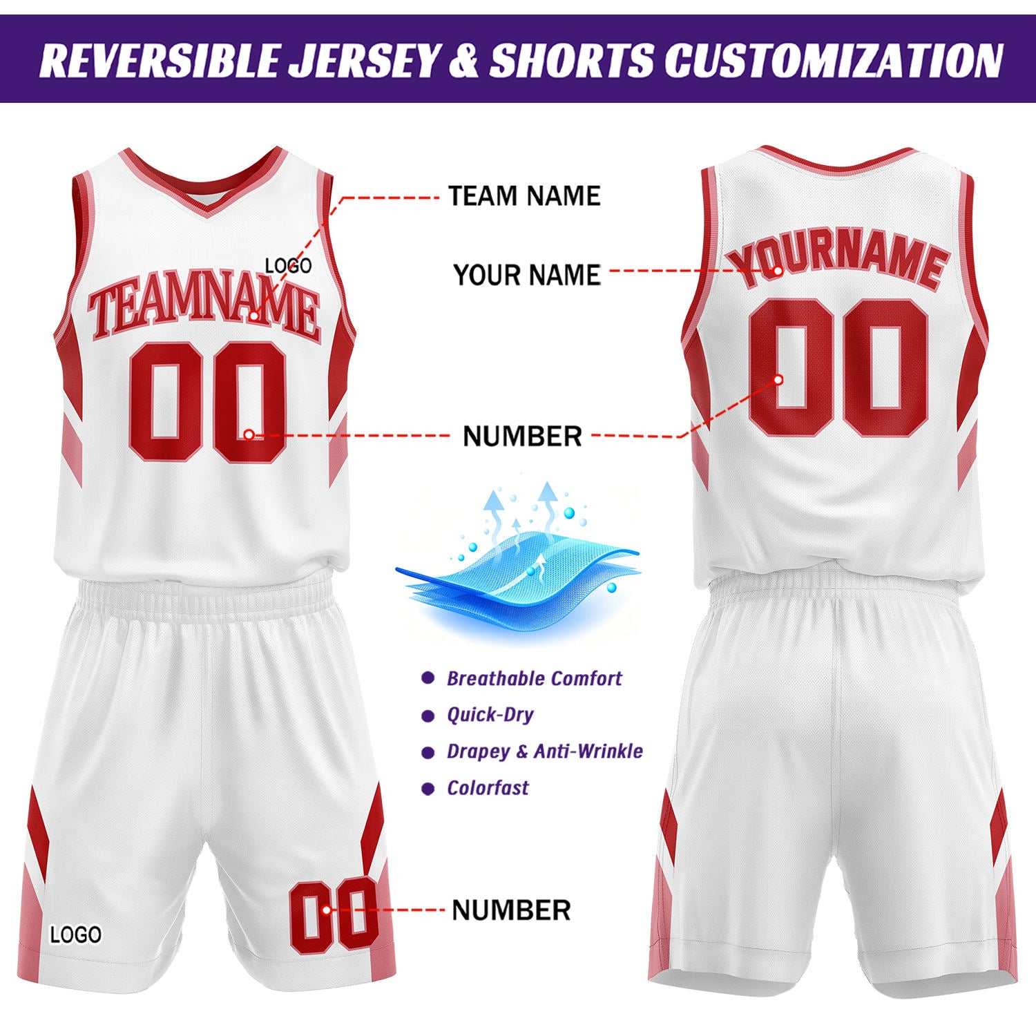 Custom Red & White Reversible Basketball Uniform Set | Personalized Name Number Jersey & Shorts for Adult & Youth