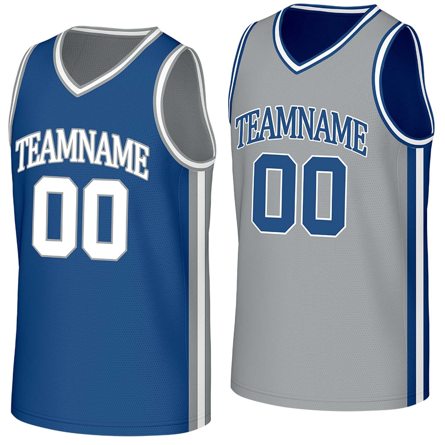 Custom royal blue & gray reversible basketball jersey by Vosoli | Personalized team name, number & logo | Breathable mesh reversible sport jersey