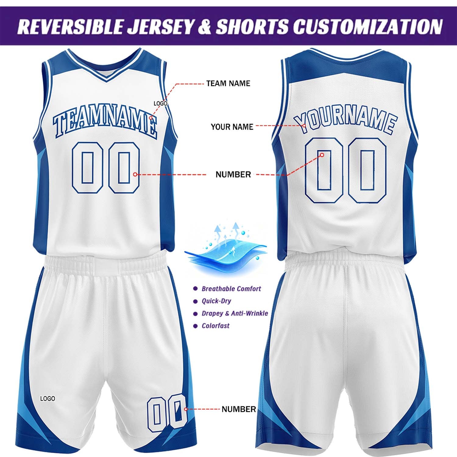 Custom Royal Blue & White Reversible Basketball Jersey Short Set | Personalized Team Uniforms Set for Adult Youth