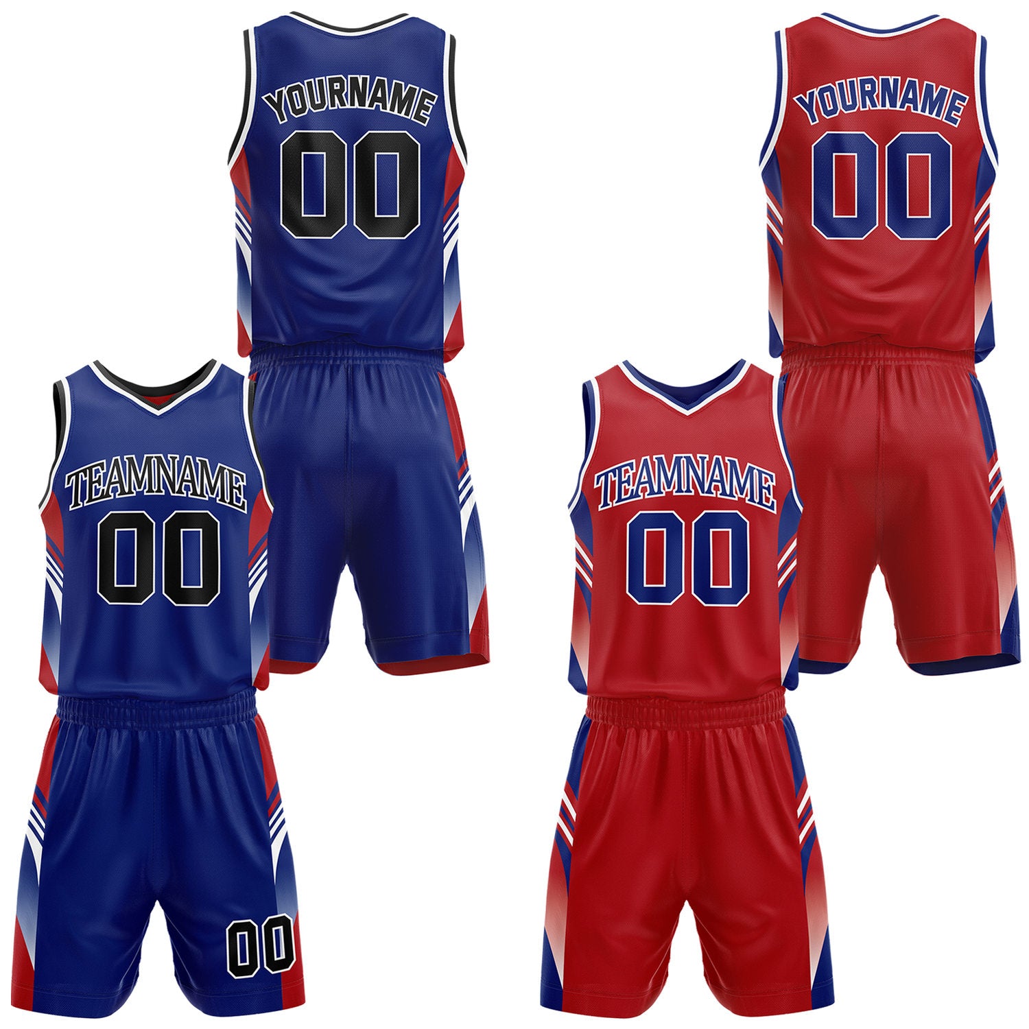 Custom royal blue and red reversible basketball uniform by Vosoli. Personalized with team name, number, and logo. Breathable mesh jersey and shorts for high school, college, AAU teams.