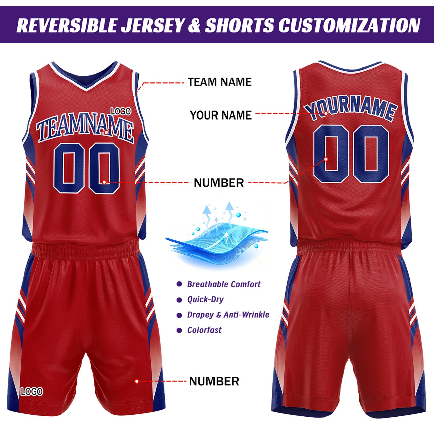 Custom Royal Blue & Red Reversible Basketball Uniform Set | Personalized Team Jersey Kit
