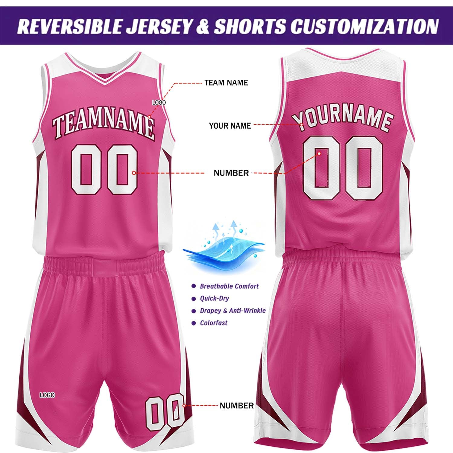 Custom White & Hot Pink Reversible Basketball Jersey Short Set | Personalized Team Uniforms Set for Adult Youth