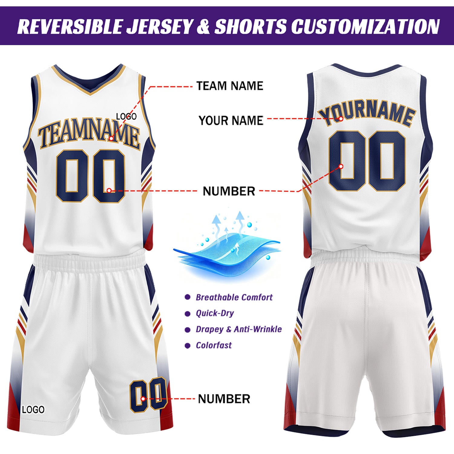 Custom White & Navy Reversible Basketball Uniform Set | Personalized Team Jersey Kit
