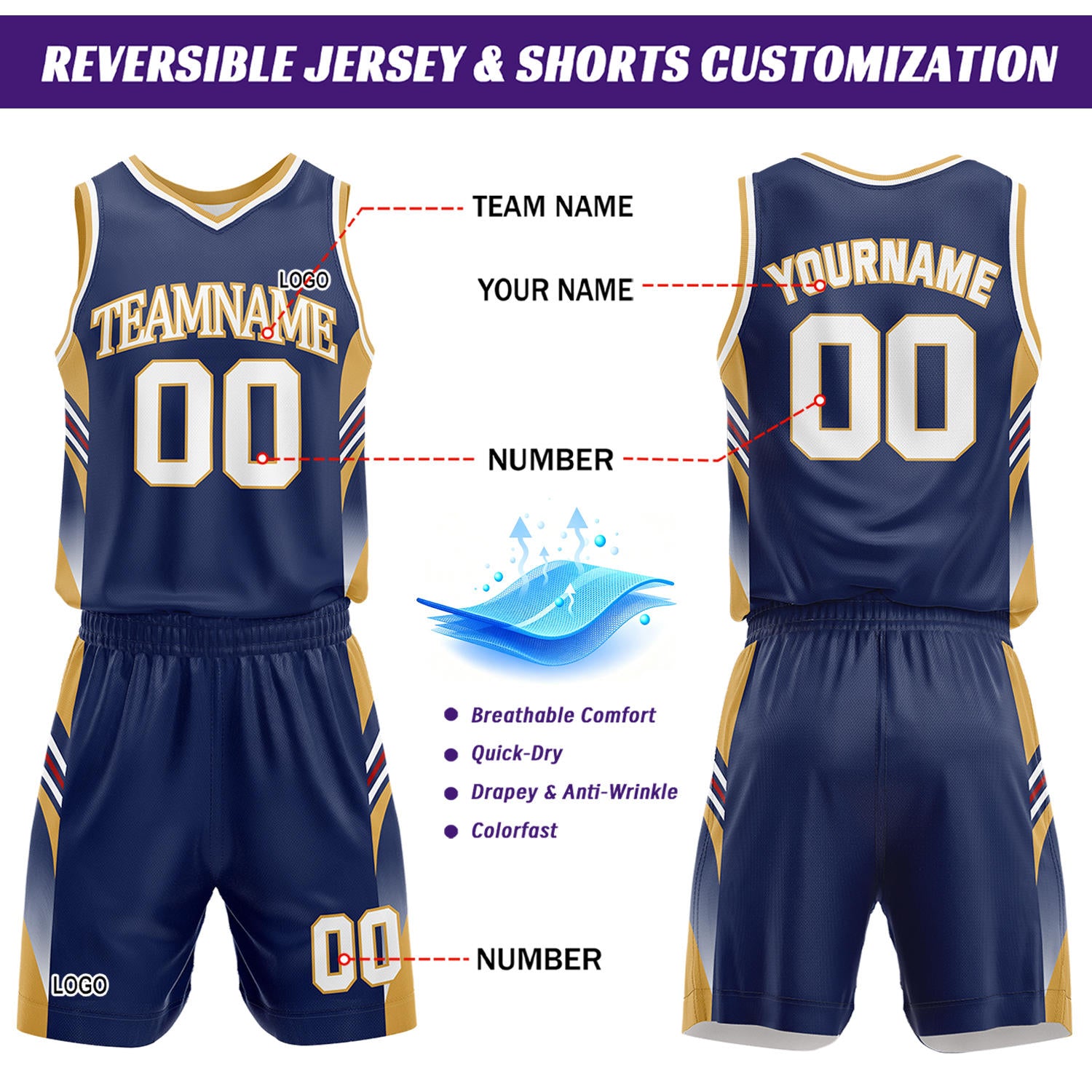 Custom White & Navy Reversible Basketball Uniform Set | Personalized Team Jersey Kit