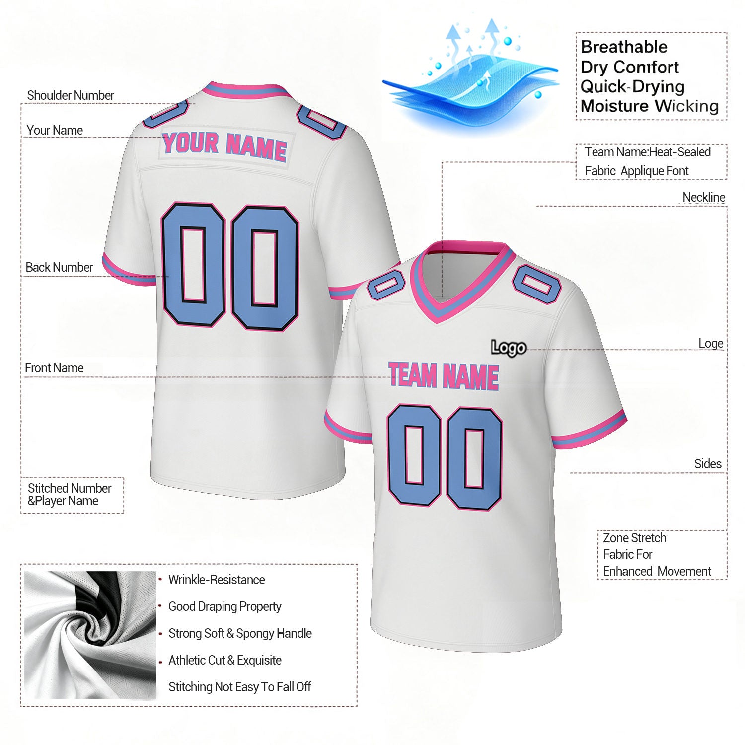 Custom White & Pink Football Jersey | Personalized Football Team Uniform Top