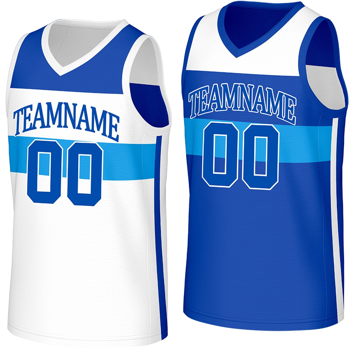 Custom white & royal‑blue color‑block reversible basketball jersey by Vosoli | Personalized team name, number & logo | Breathable mesh reversible sport jersey