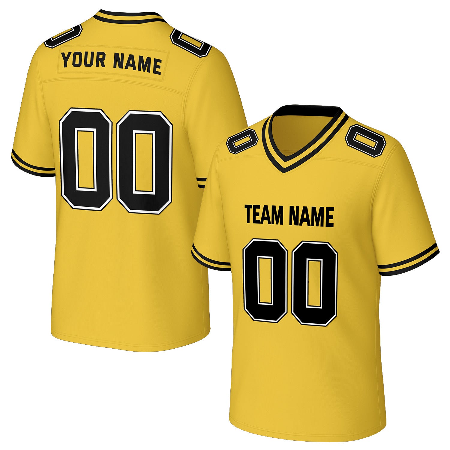 Custom yellow & black football jersey by Vosoli. Personalized with team name, number, and logo. Breathable mesh jersey for high school, college, football teams.
