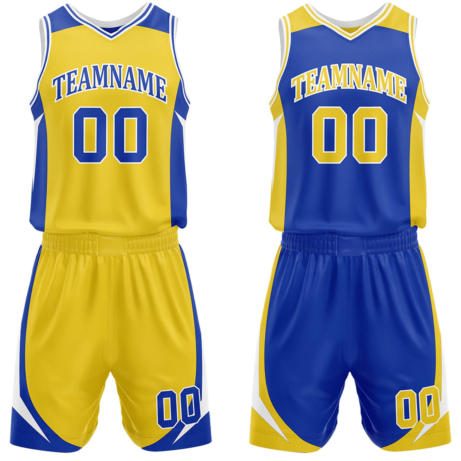 Custom yellow and blue reversible basketball uniform by Vosoli. Personalized with team name, number, and logo. Breathable mesh jersey and shorts for high school, college, and AAU teams.