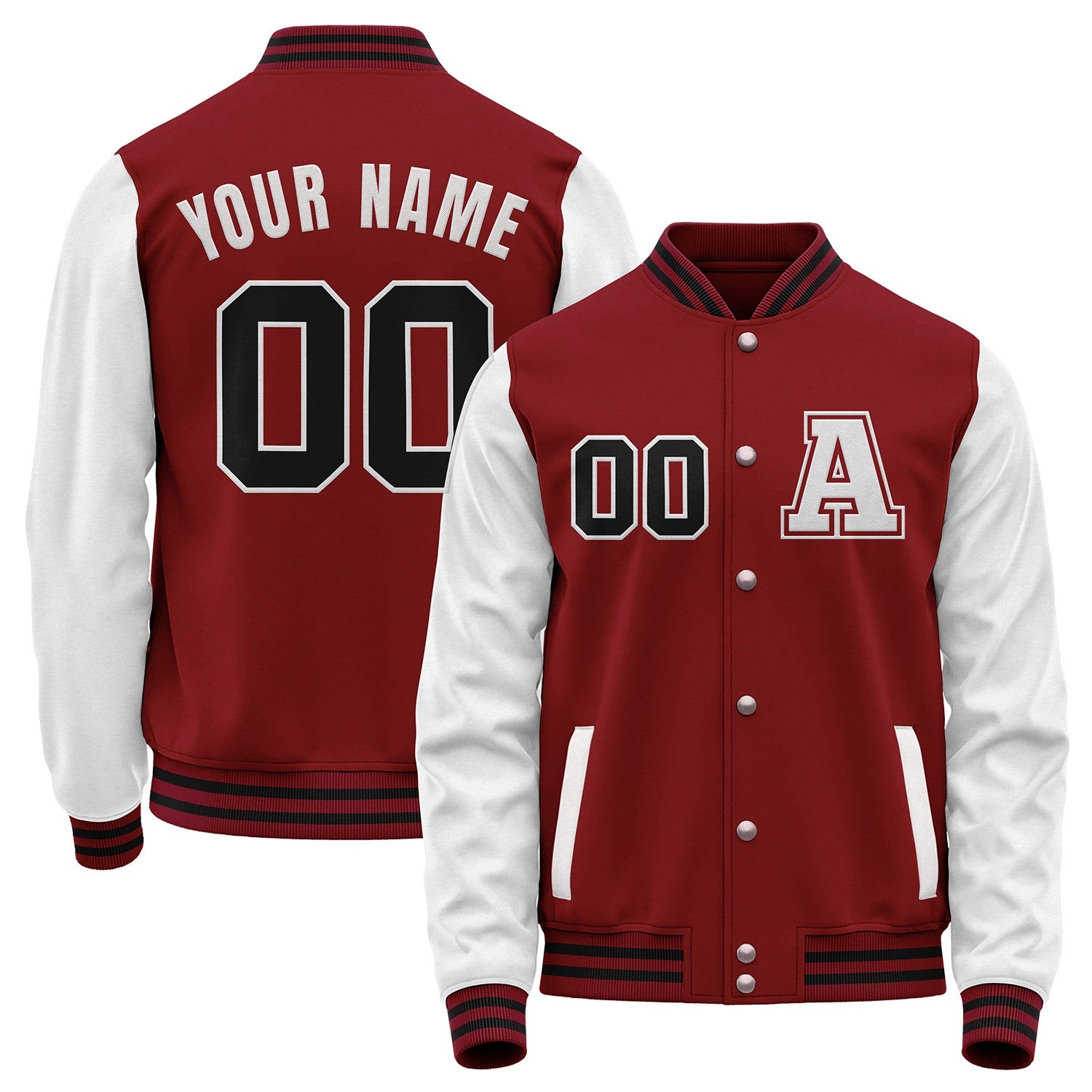 Customized maroon and white baseball jackets by Vosoli with stitched name, number and logo. Classic varsity jacket for baseball and casual wear.