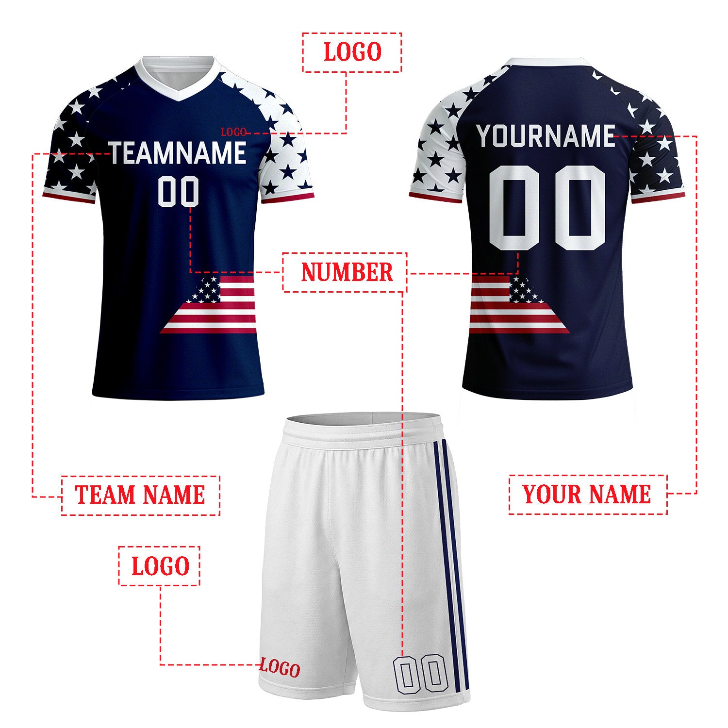 Custom Navy & Star Sleeve Flag Soccer Uniform Set for Youth & Adult Teams