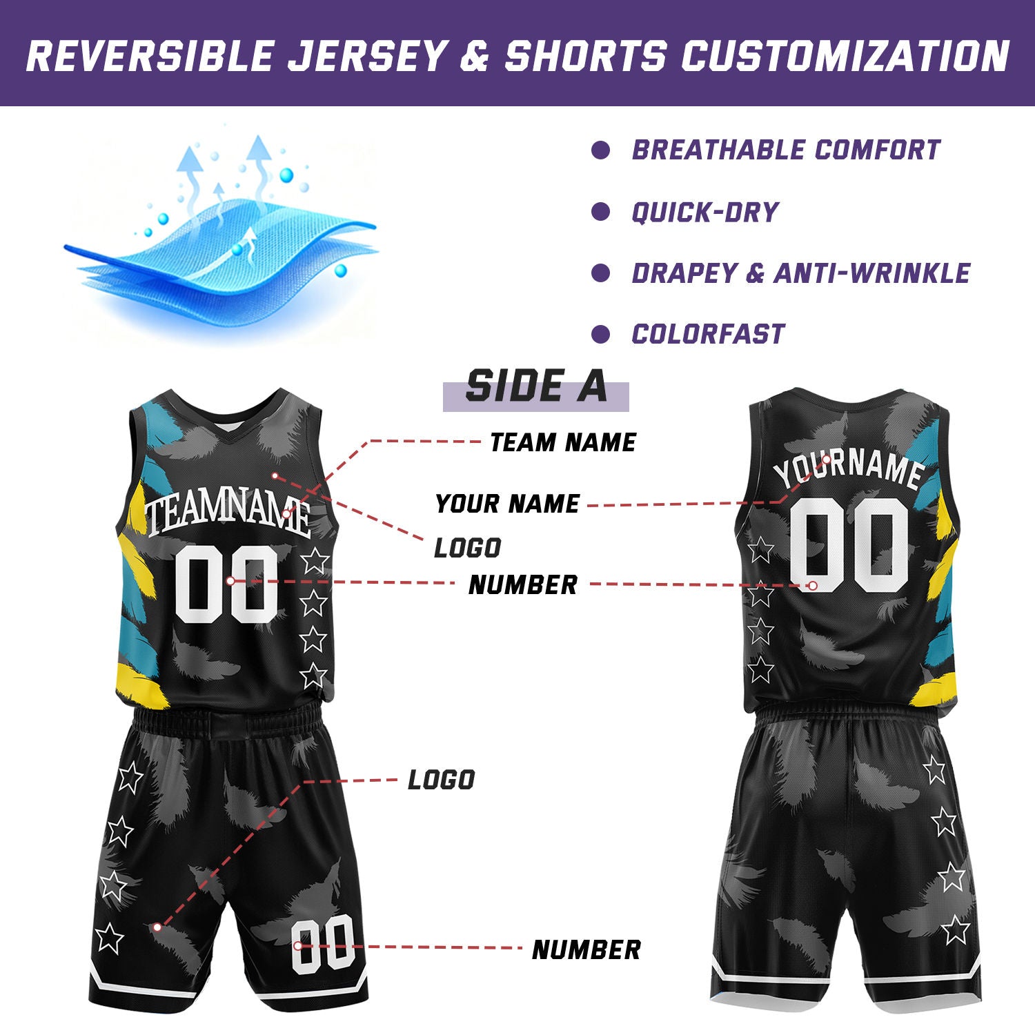 Custom Basketball Jerseys and Shorts Set | Black Feather V-Neck Sublimated Team Uniform