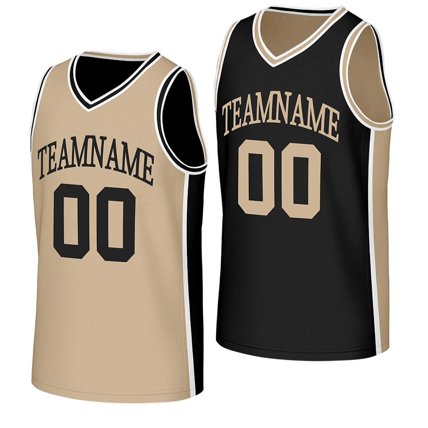 direct from factory custom basketball jerseys khaki black reversible by Vosoli, personalized team name, number & logo. fast delivery.
