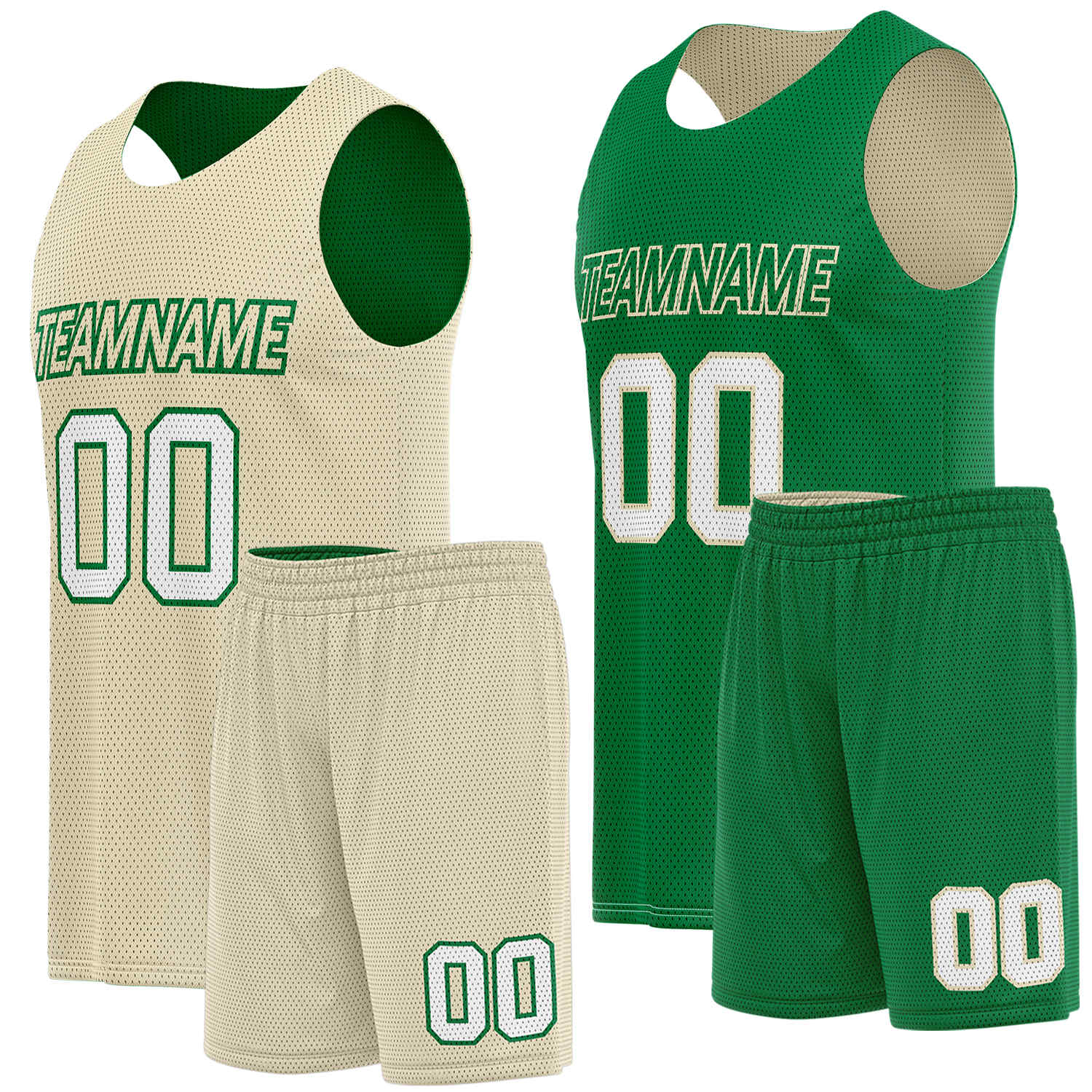 Double sided basketball uniforms cream kelly green by Vosoli. Personalized team name, player number & logo. Breathable mesh. Fast delivery.
