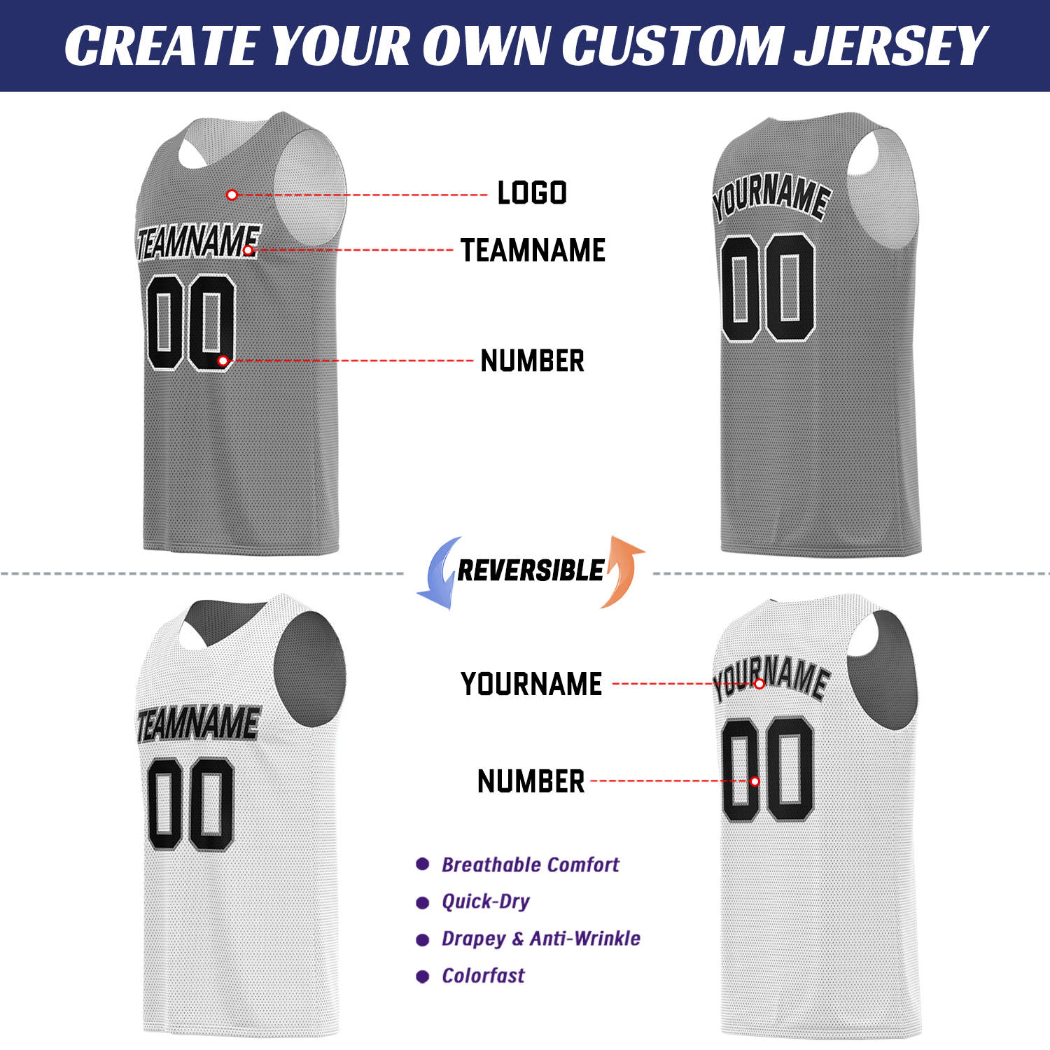 Custom Grey & White Reversible Basketball Uniform Set | Breathable Mesh Tank Top and Shorts