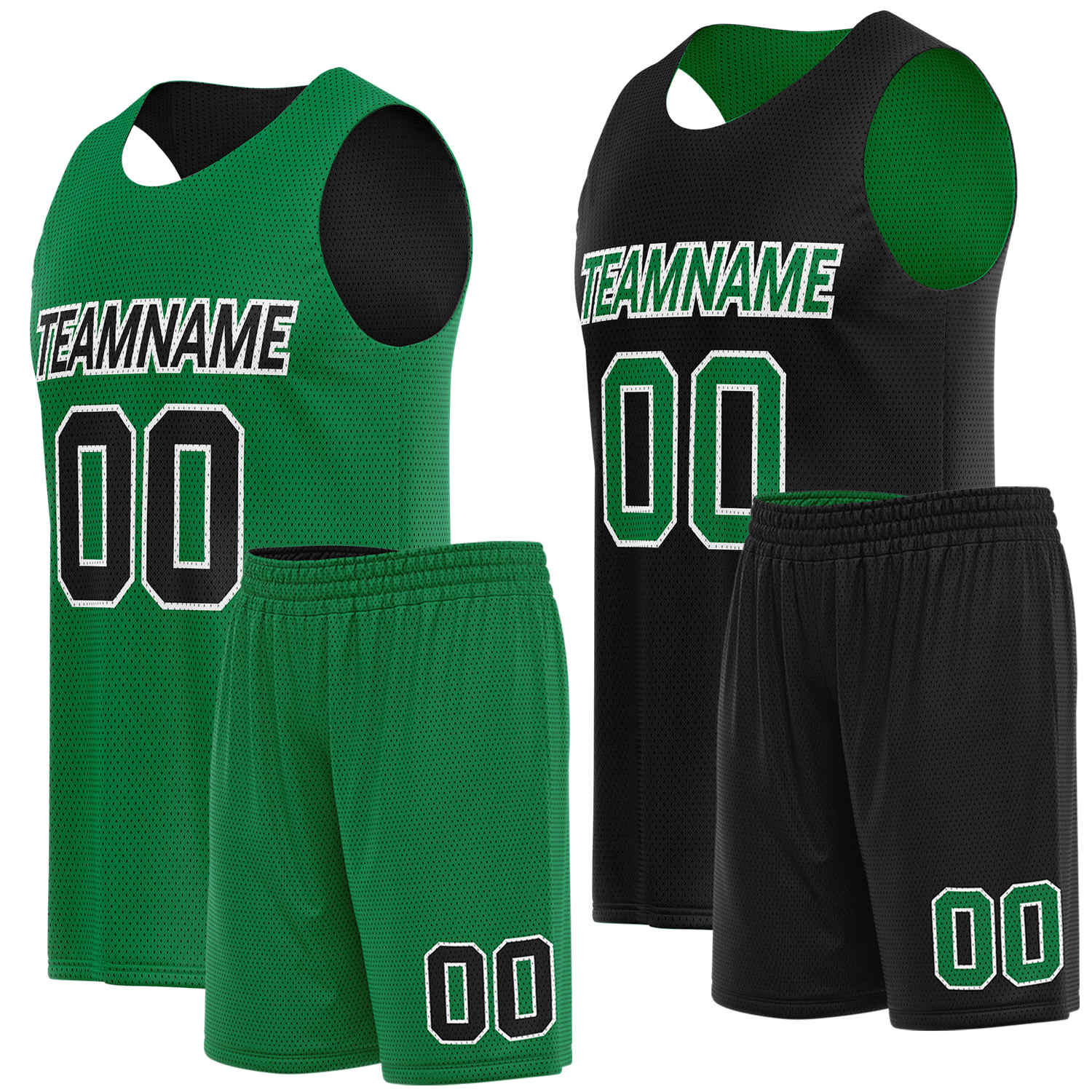 Double sided basketball uniforms kelly green black by Vosoli. Personalized team name, player number & logo. Breathable mesh. Fast delivery.