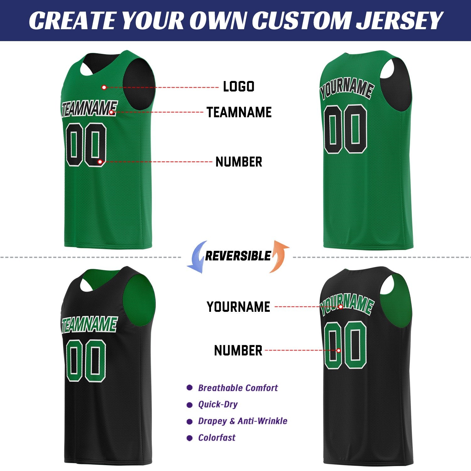Custom Kelly Green & Black Reversible Basketball Uniform Set | Breathable Mesh Tank Top and Shorts